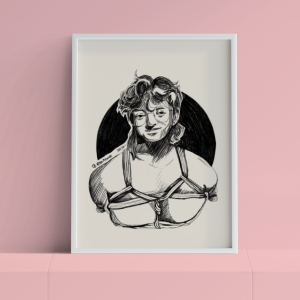 A framed version of Chest Harness against a pink background.
