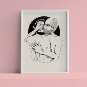 A framed version of Held Back against a pink background.