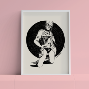 A framed version of Peeking at the Maid against a pink background.