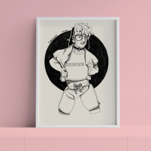 A framed version of Queer Pride against a pink background.