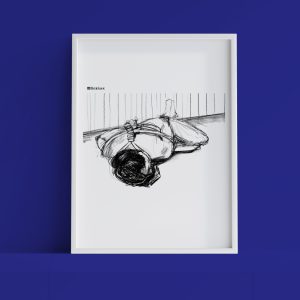 A framed version of "Pathetic Boy" against a dark blue background. It's a guy, slumped over on the floor with his arms tied behind his back.