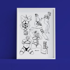 A framed version of "Shibari Collage" against a dark blue background. It depicts 5 figures and a shoe, all tied up in different rope ties.