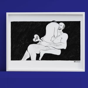 A framed image of Daddy's Boy. A young twink sitting on the lap of a hairy bear daddy, facing the daddy but away from you. The daddy is holding a heart-shaped paddle that says 'Daddy's Boy'