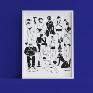 A framed version of "The Community" against a dark blue background. A range of different men in different harnesses and outfits, with differing body sizes and body types, interspersed with differently-shaped butt plugs.A framed version of "The Community" against a dark blue background. A range of different men in different harnesses and outfits, with differing body sizes and body types, interspersed with differently-shaped butt plugs.
