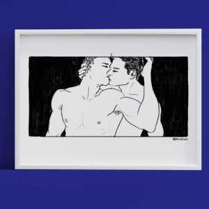 A framed version of "Loving Embrace" against a dark blue background.