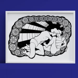 A framed version of "Against A Field of Flowers" against a dark blue background.