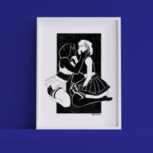A framed version of "A Loving Connection Connection" against a dark blue background.
