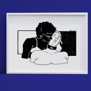A framed version of "Doting on Her" against a dark blue background.