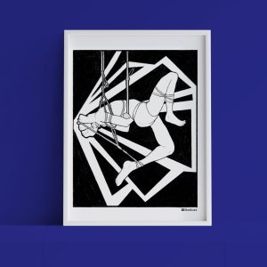 A framed version of "Suspension" against a dark blue background. A guy suspended with rope, with his back arched back and legs held at strange angles. In the background is a bunch of black triangles which makes it feel more dynamic.